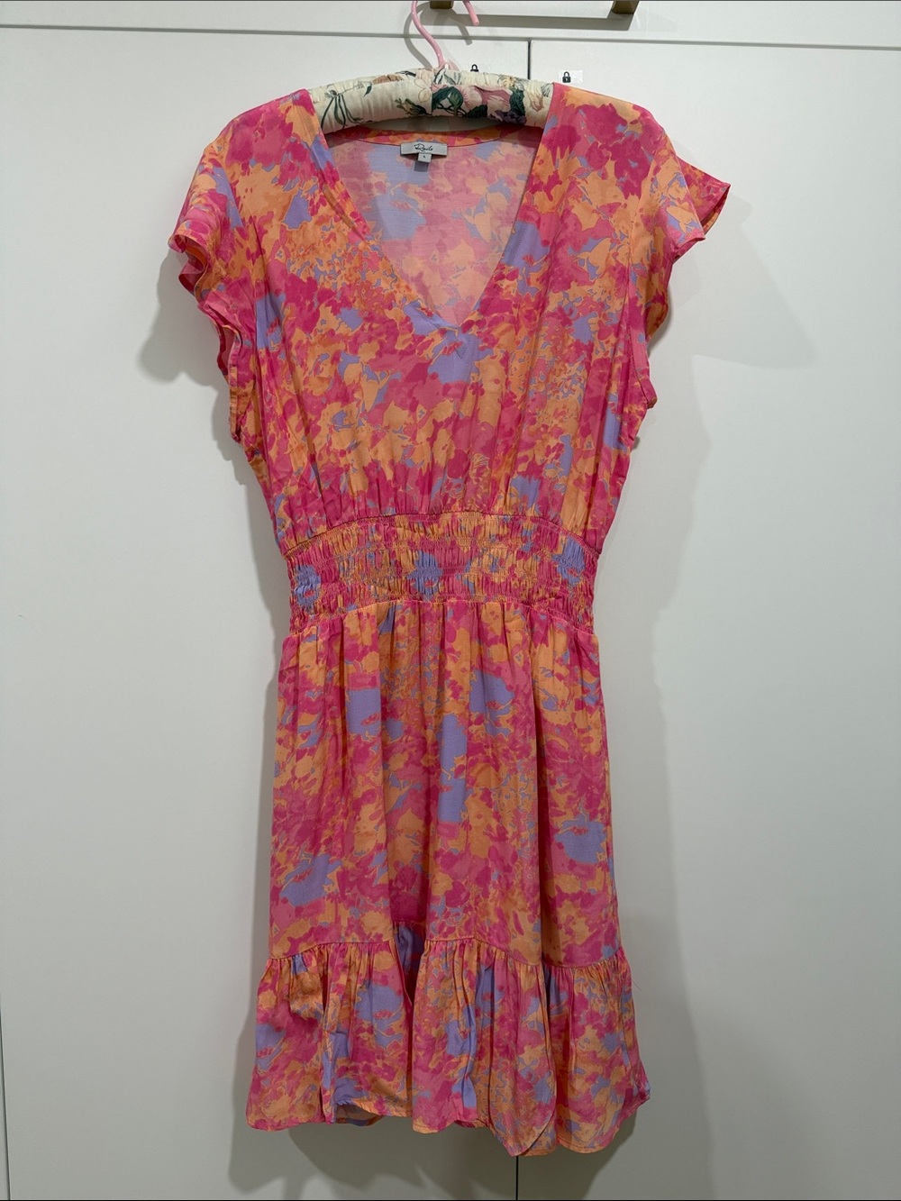Rails Pink Orange Floral V-Neck Shirred Mini Dress